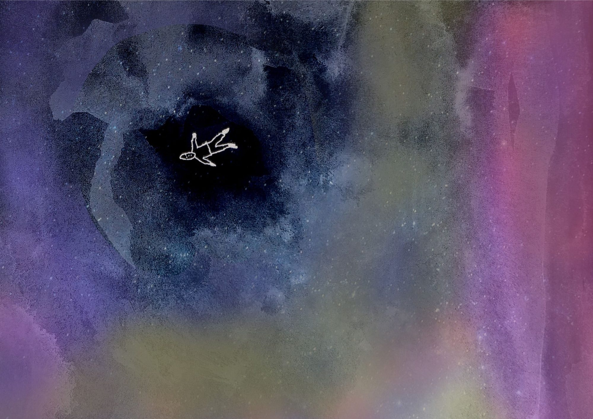 Doodle of a little person floating in a dreamy, star filled, space
