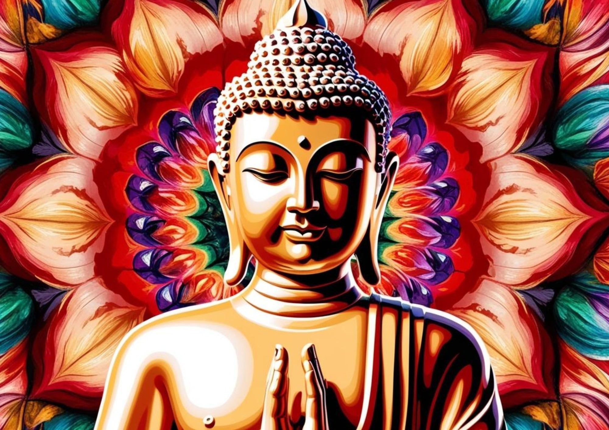 Colourful Buddha figure with lotus pattern in background